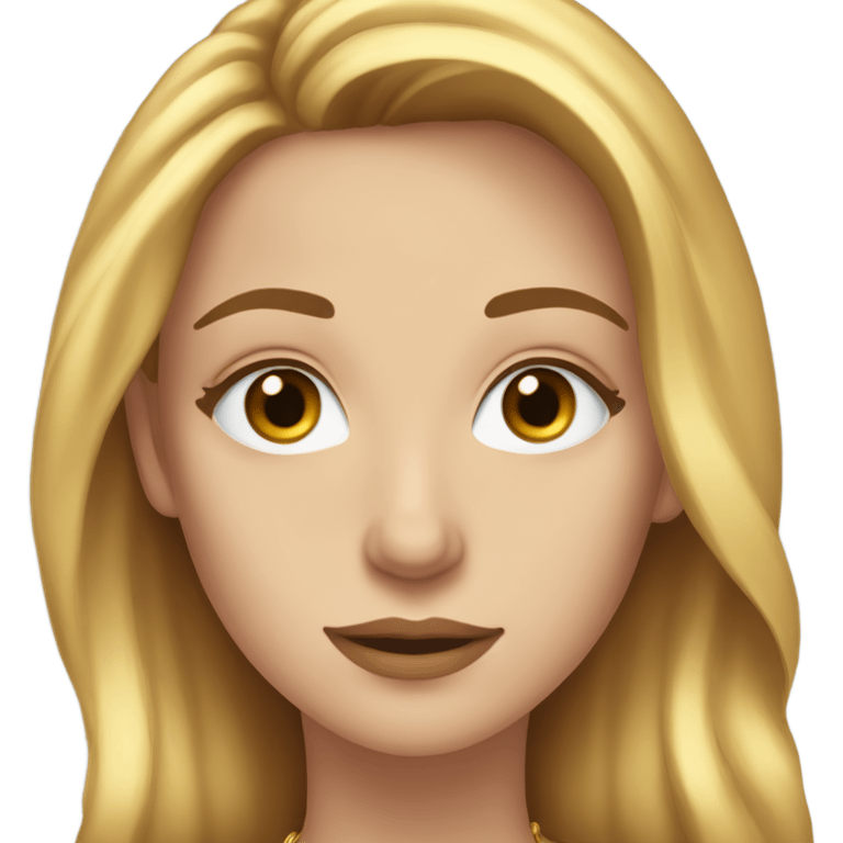 Woman with light brown hair and blue eyes and long (but not unnaturally long) eyelashes with gold necklaces on emoji