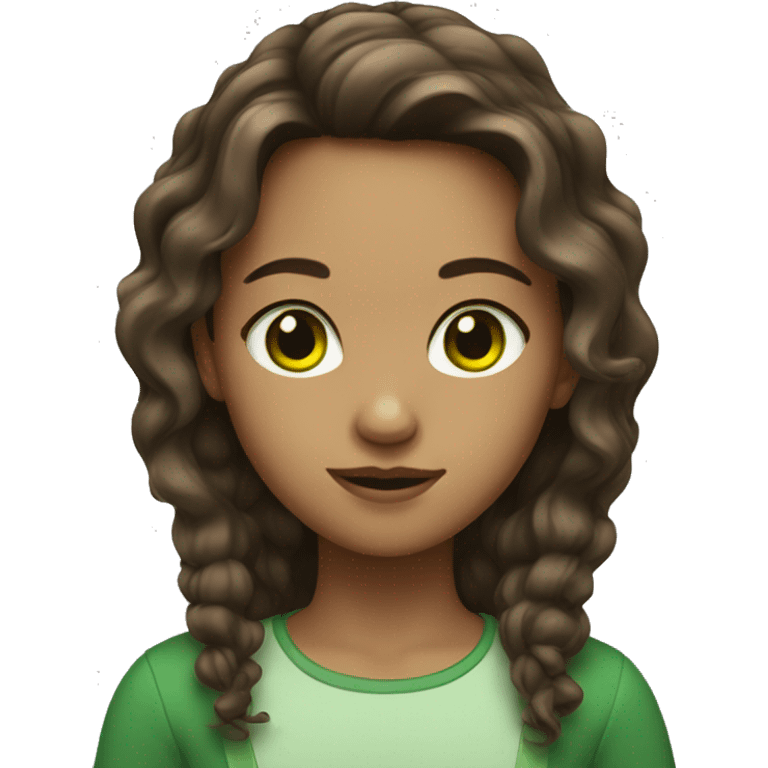 A girl with brown wavy middle-parted hair with GREEN eyes emoji