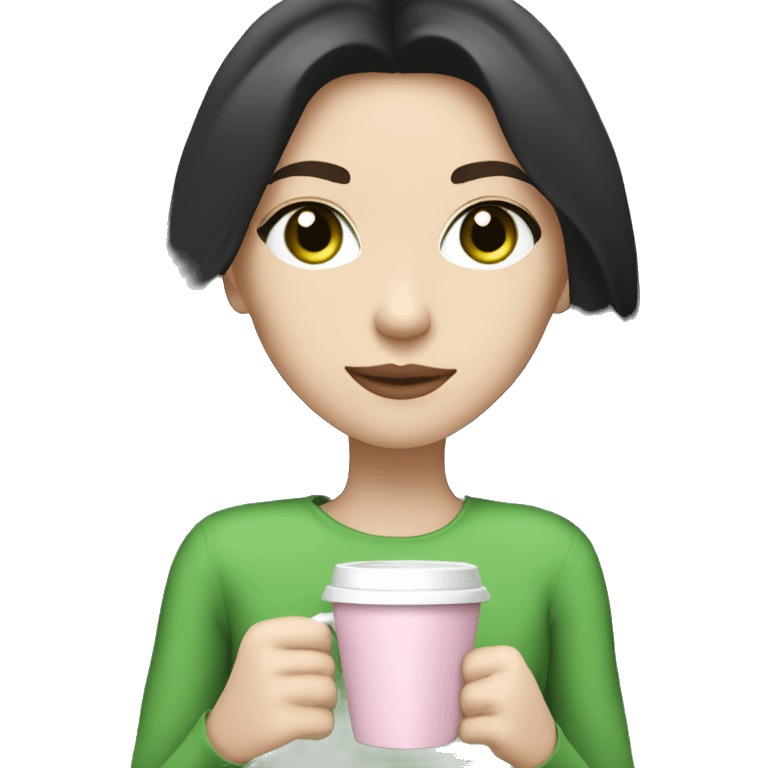 girl with pale skin, very long dark black hair and green eyes and light pink outfit drinking a latte emoji