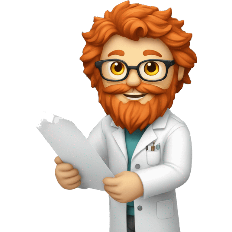 A red-bearded cat engineer in a lab coat holds a white piece of paper next to a 3d printer. emoji