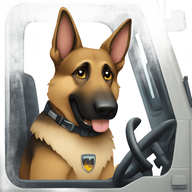 German shepherd driving a garbage truck emoji