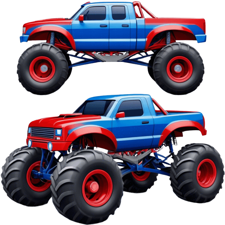 Avenger - Monster Jam (Model Year: 2021) (Iconic colour: Blue and red) - A dynamic monster truck with a split-color scheme: predominantly blue accented by bold red elements. Focus on strong, angular lines and vivid contrasting colors that evoke high energy and a futuristic, rebellious style. emoji