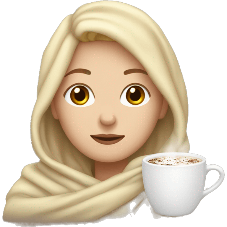 White girl with blonde hair wrapped in a blanket over a cup of hot chocolate emoji