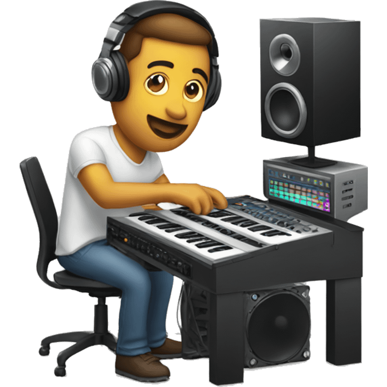 Men producing music in a computer with speakers and mixer  emoji