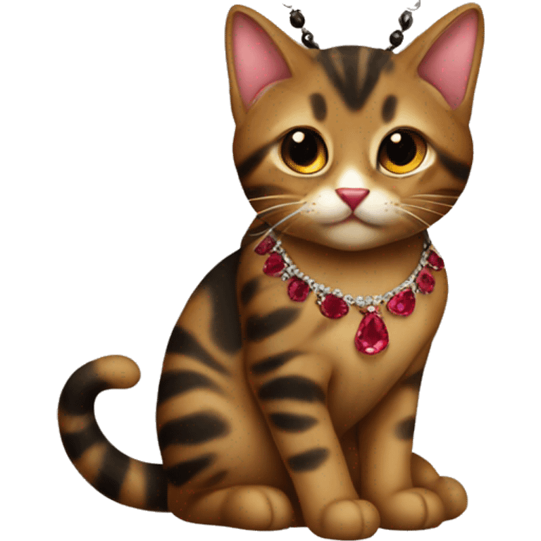 Brown and black tabby cat with ruby gem necklace emoji