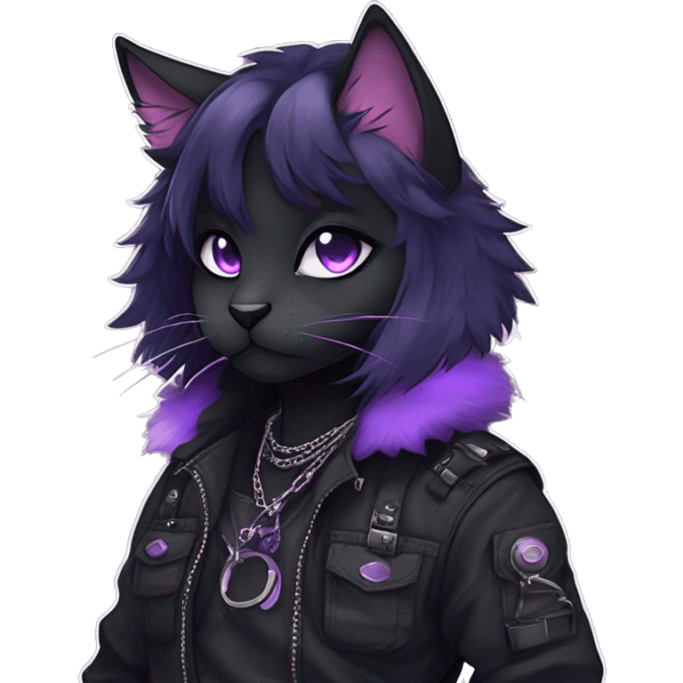 Gorgeous furry gothic dark techwear anime style anthro black cat furry sona Fakemon with blushing face aesthetic and pretty edgy black with violet collar and harness trending style chains cargo pants emoji