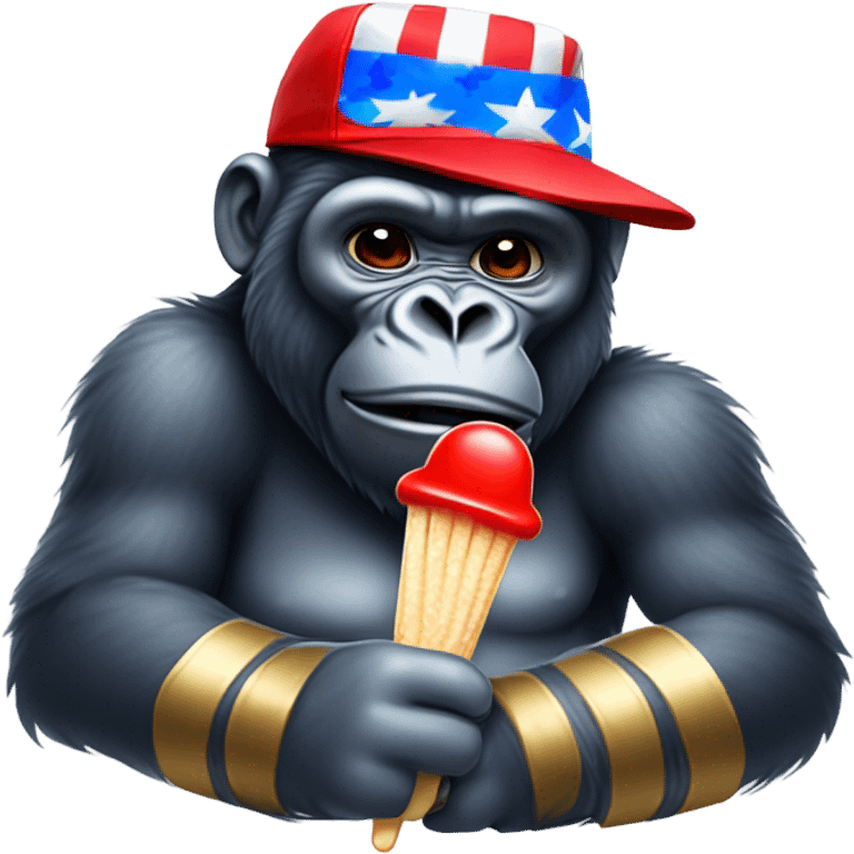 Gorilla holding red white and blue popsicle with backwards hat emoji