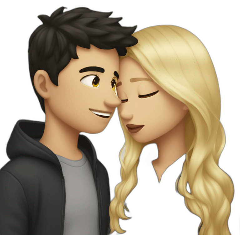 dark haired boy im hoodie and blonde girl kissed emoji