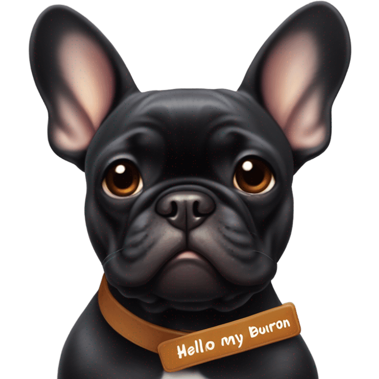 Mainly Black and a little Carmel colored french bulldog with a work name tag that says hello my name is bourbon  emoji