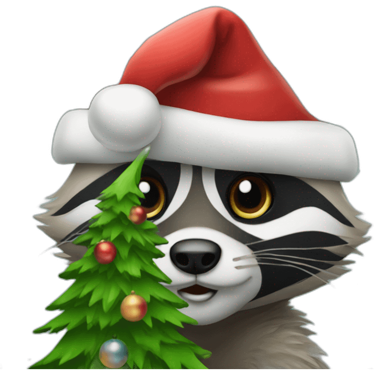 Santa Claus as a raccoon with a christmas tree emoji