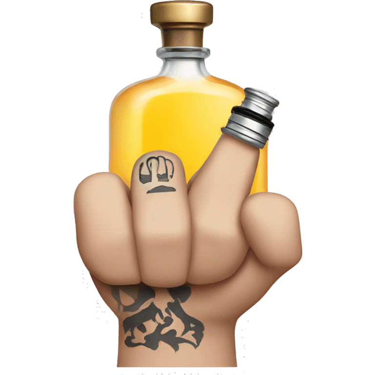 Fist holding a cologne bottle with diesel tattooed on the fingers emoji