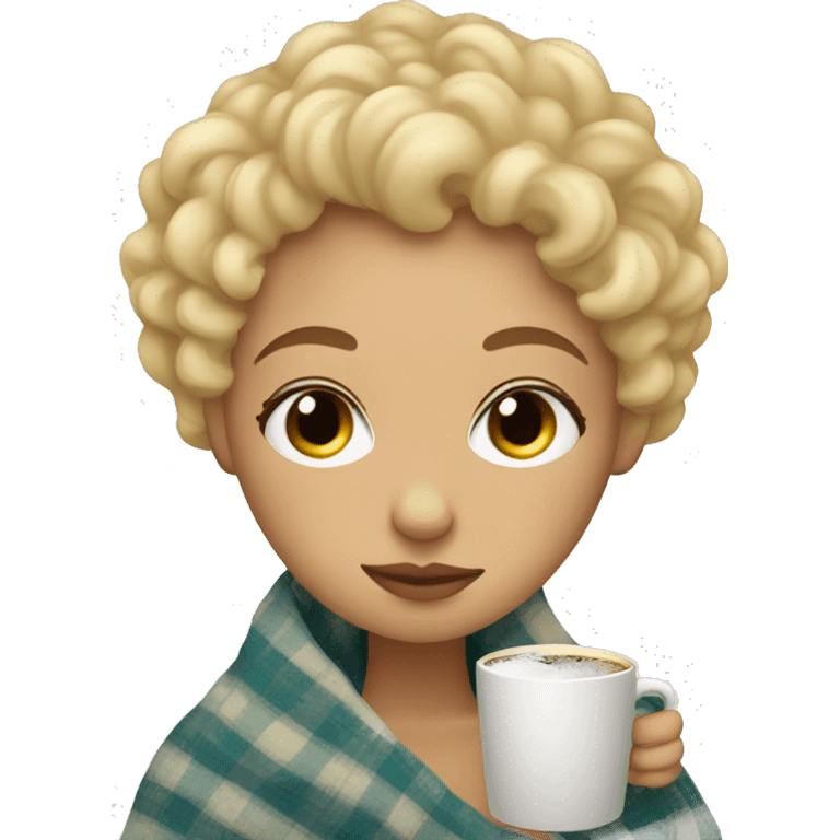 Blonde short hair curly girl inside a blanket sipping coffee eyes closed emoji