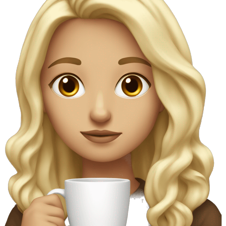 blonde girl with brown eyes studying with a coffee emoji