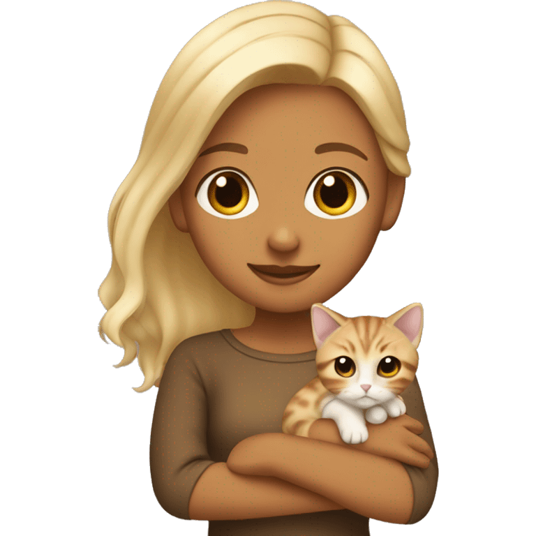 tan girl with blonde hair holding a tortoiseshell kitten  emoji