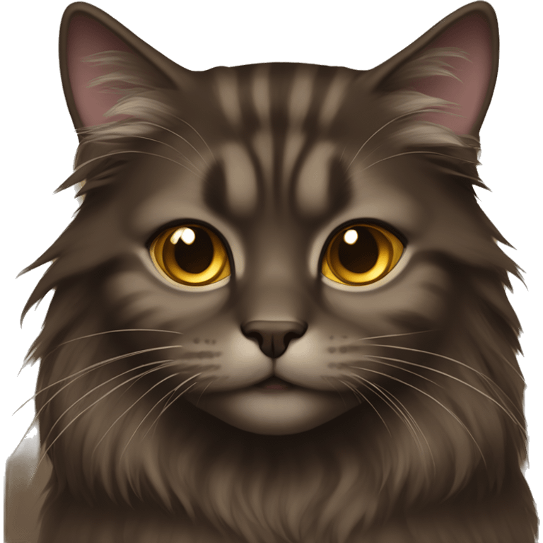 Dark Brown Norvegian cat with long hair and gold brown eyes emoji