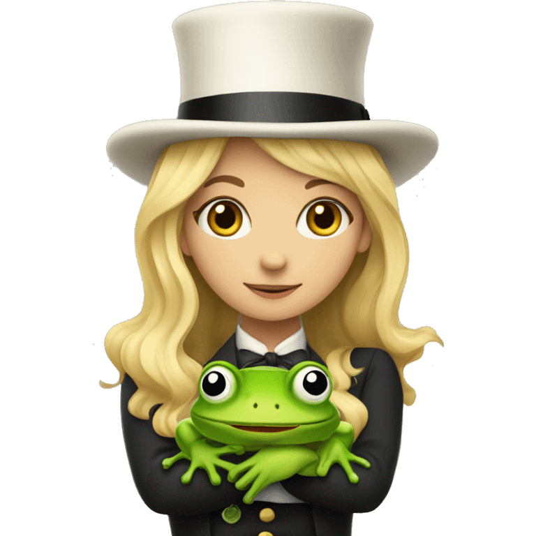 A blonde girl wearing 3 top hats on top of each other holding a frog  emoji