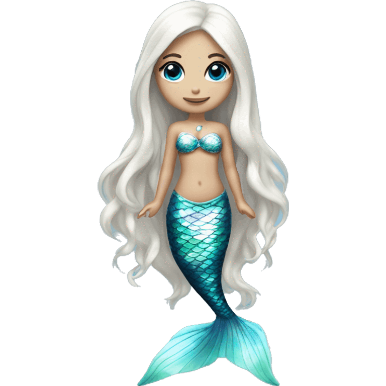 Iridescent silver mermaid tail full body blue eyes almond skin girl long white hair emoji