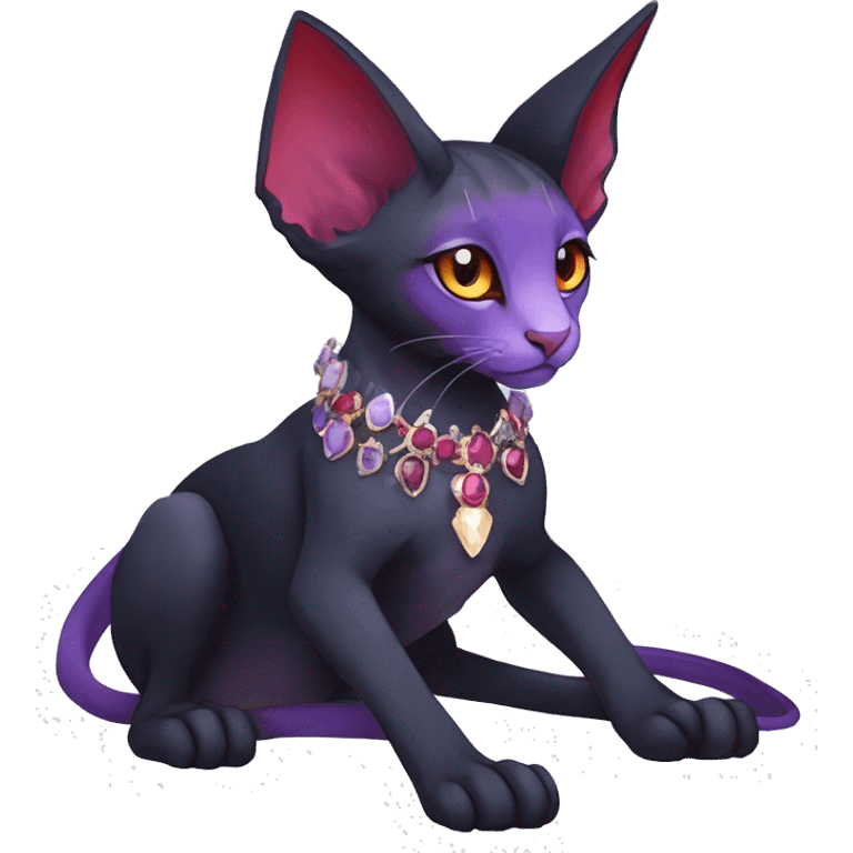 cool kawaii cartoon edgy distinguished ethereal elegant beautiful fantasy black purple red ethereal fantasy nargacuga-Noivern-sphynx-Quiana-Fakemon collar harness moon gem jewels full body emoji