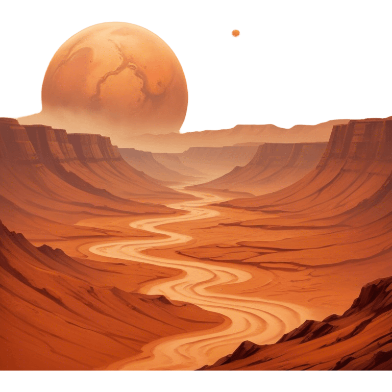 Cinematic Realistic Mars, portrayed with rugged, rust-colored landscapes, deep canyons, and swirling dust storms rendered with lifelike texture and an orange-hued glow that evokes the enigmatic allure of the Red Planet. emoji