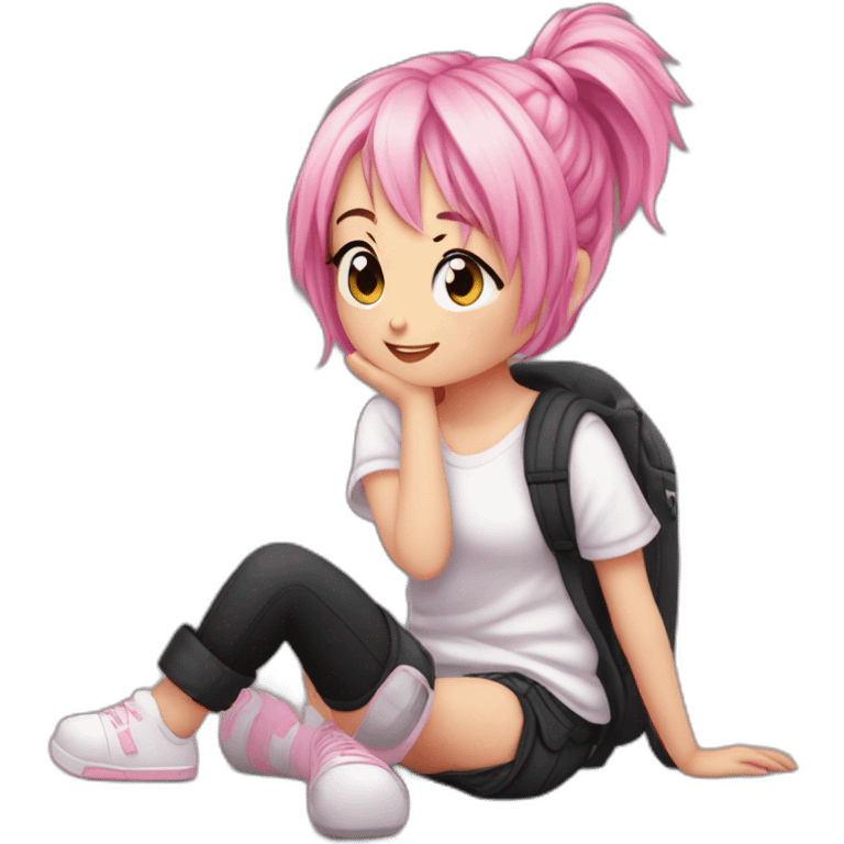 Full body Front view curvy emo girl pink hair sits on the floor straight view hands up black skirt белые трусики полосатые рваные чулки emoji