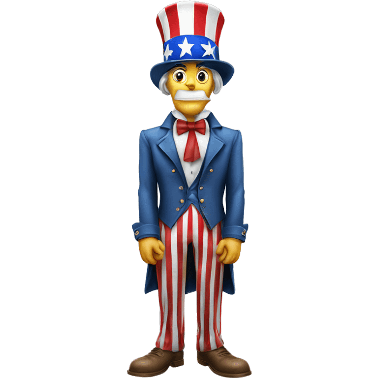 Uncle Sam with pitiful eyes holds a sign at full height waist photorealistic serious emoji