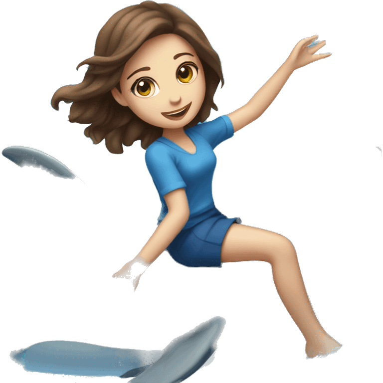 girl with brown hair and blue eyes riding a dolphin emoji