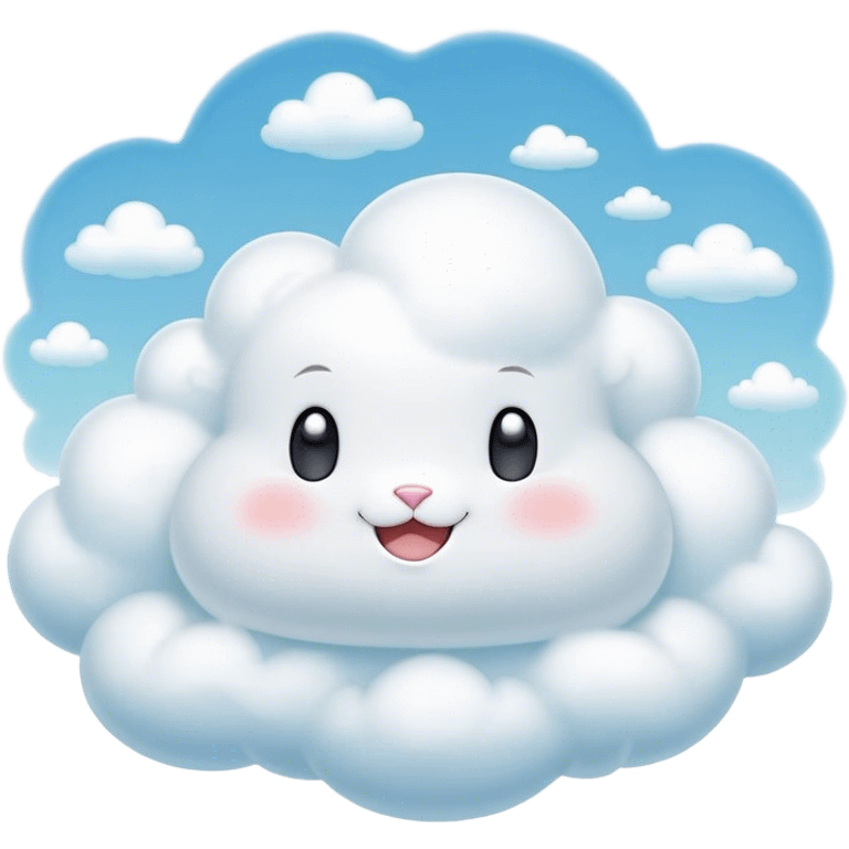 Cinematic tiny puffy bunny-shaped cloud, floating gently in the sky, soft glowing light, tiny rounded ears, smiling face, dreamy and magical. emoji