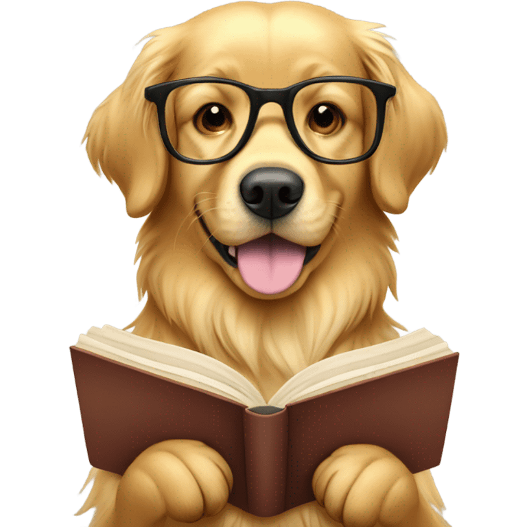 Golden retriever wearing glasses and reading book emoji