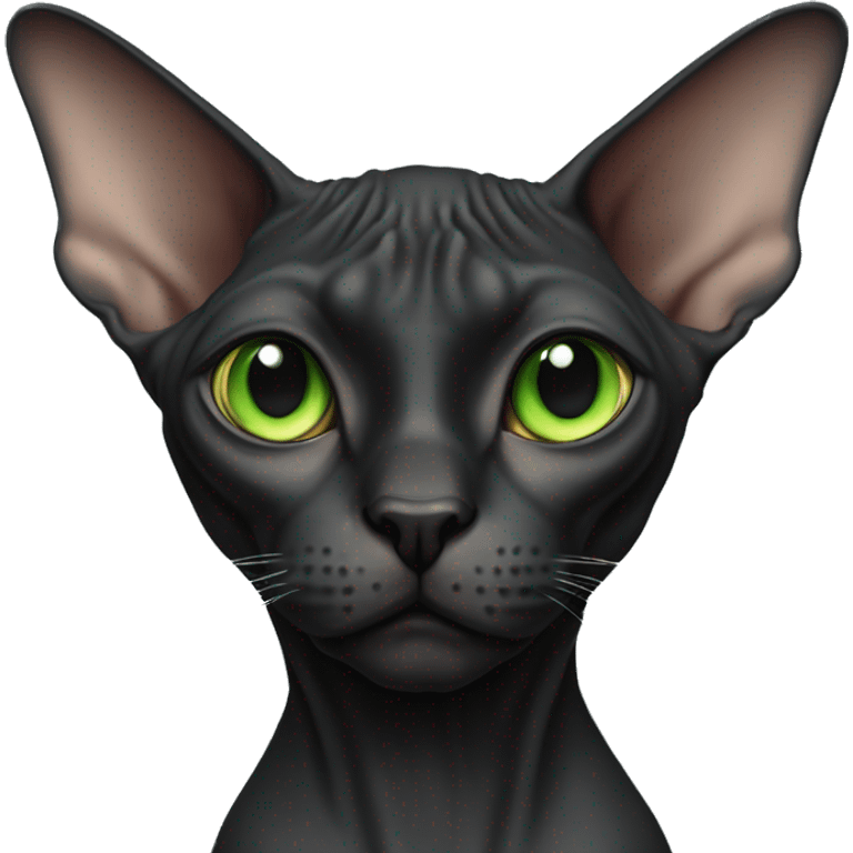 
a female black Sphynx cat without a mustache and with green eyes and stern eyes emoji