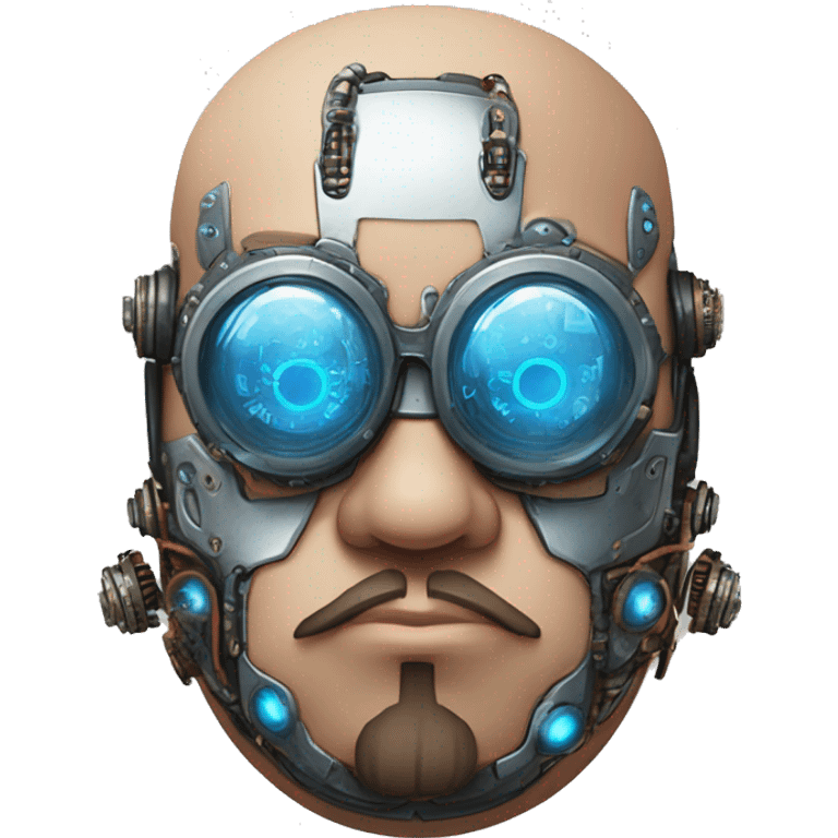 Fat bald cyborg head with blue steampunk goggles, brown beard and circuits emoji