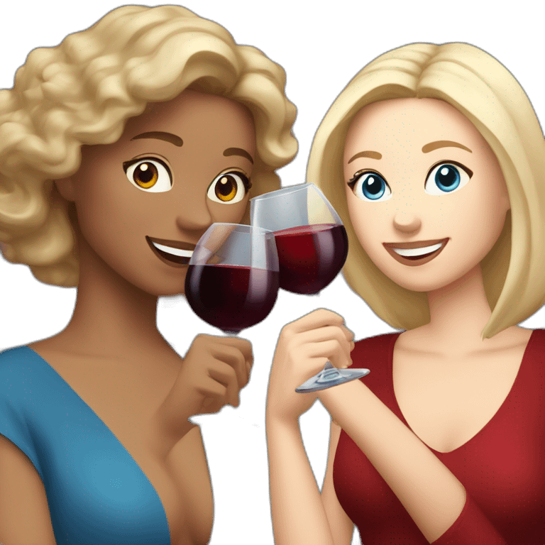 White woman with brown hair and brown eyes toasting with a red wine together with white woman with blond hair and blue eyes with red wine emoji