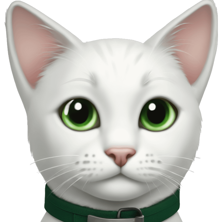 white cat with black spot on his head, black tail and black spot in his back and dark green collar emoji