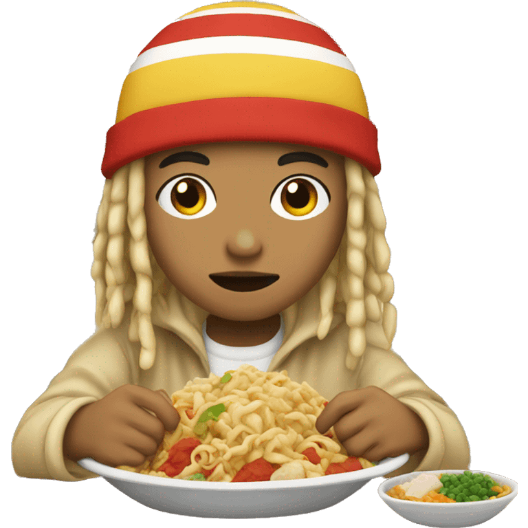 Lightskin with beanie and blonde dreads, eating Asian food emoji