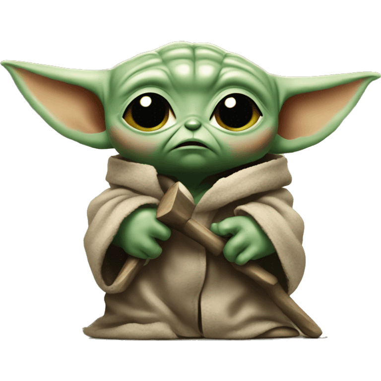 Baby Yoda with hammer and angry expression emoji