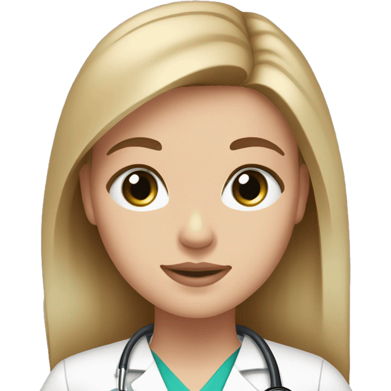 white girl, green-blue eyes, light brown straight hair, pink scrubs, pink lips, doctor emoji