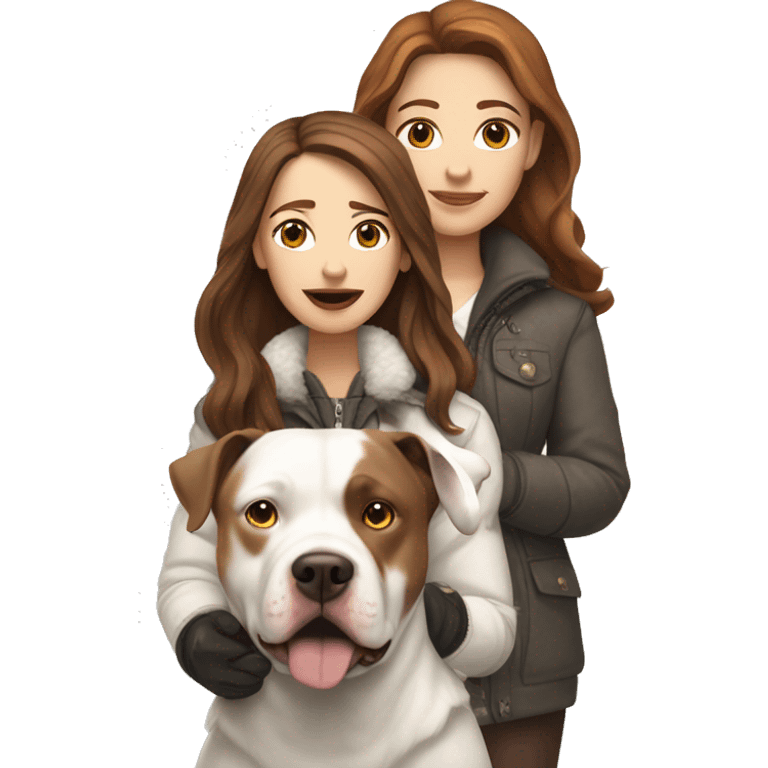 white woman with long brown hair in a furry jacket standing alongside a white pitbull with a brown patch around his eye emoji