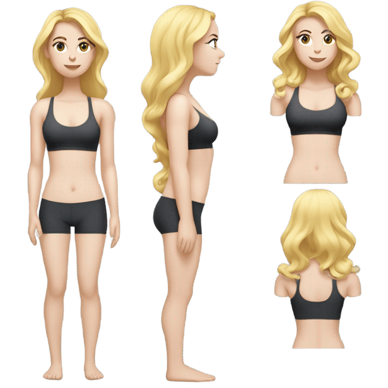 Woman, white skin, pale skin, long hair, blonde hair, wavy hair, standing, sports bra, leggings, measuring around waste emoji