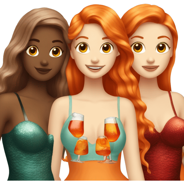 Three beautiful mermaids (one blond, one brown and one red hair) drinking aperol emoji