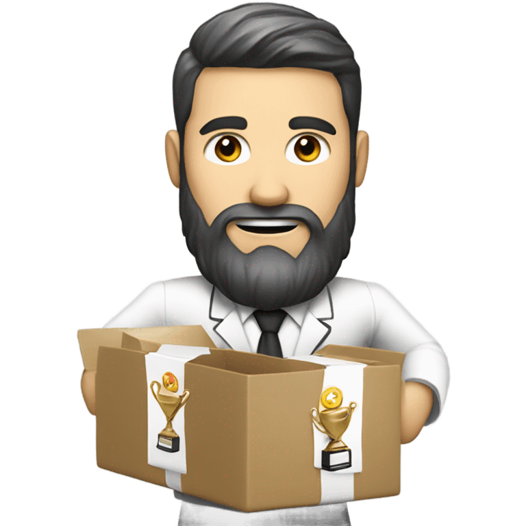 White guy with a beard in a suit getting rid of a very large box of taekwondo trophies emoji