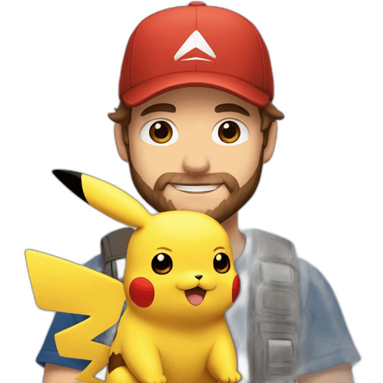 white man with brown hair and beard and a red cap, holding and a pikachu pokemon emoji