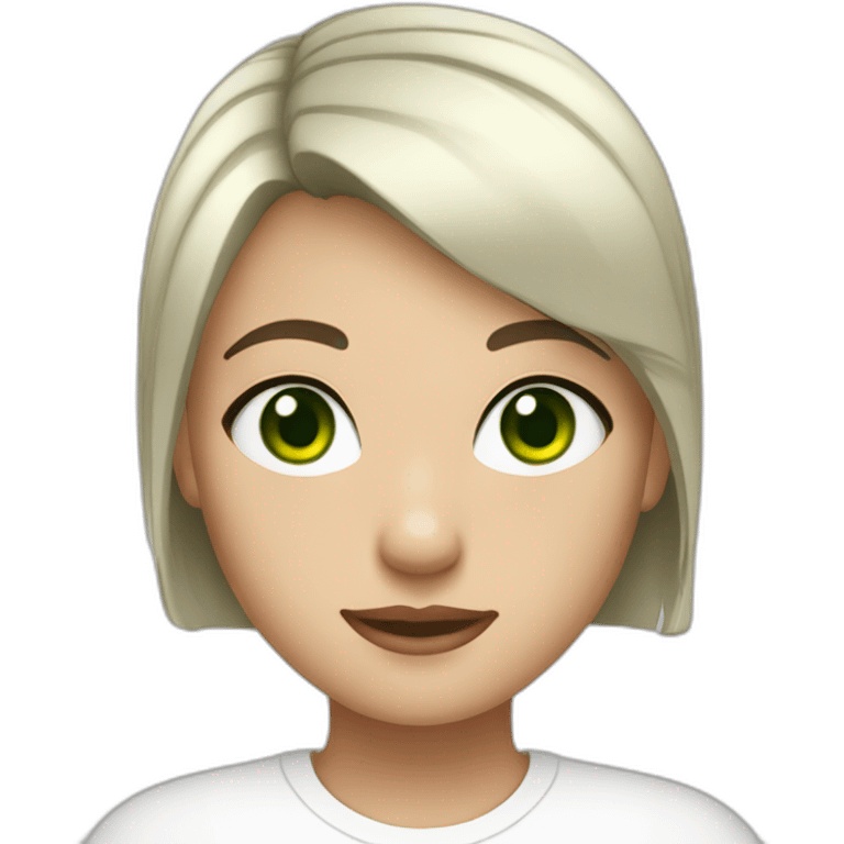 a girl with green eyes, fair skin, black and white hair and a very short haircut, wearing a white T-shirt. emoji