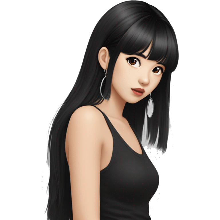 Korean girl, black tank top, black hair, black eyes, layered hair, cool girl, aesthetic, long hair, hime cut, blunt bangs, small silver hoop earrings emoji