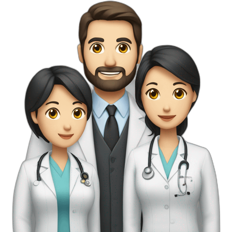 husband middle aged american with dark brown hair and trimmed beard wearing a business suit holding a bible, wife middle aged asian with black shoulder length hair wearing a nurse uniform emoji