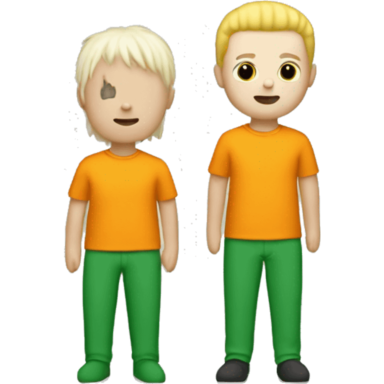 white ragdoll with orange shirt, green pants, and short, yellow hair. No eyes, nose or mouth. No shoes. emoji