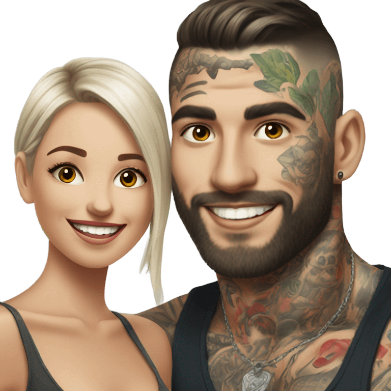 Photo Female model smiling at a very handsome tattooed man drinking  emoji