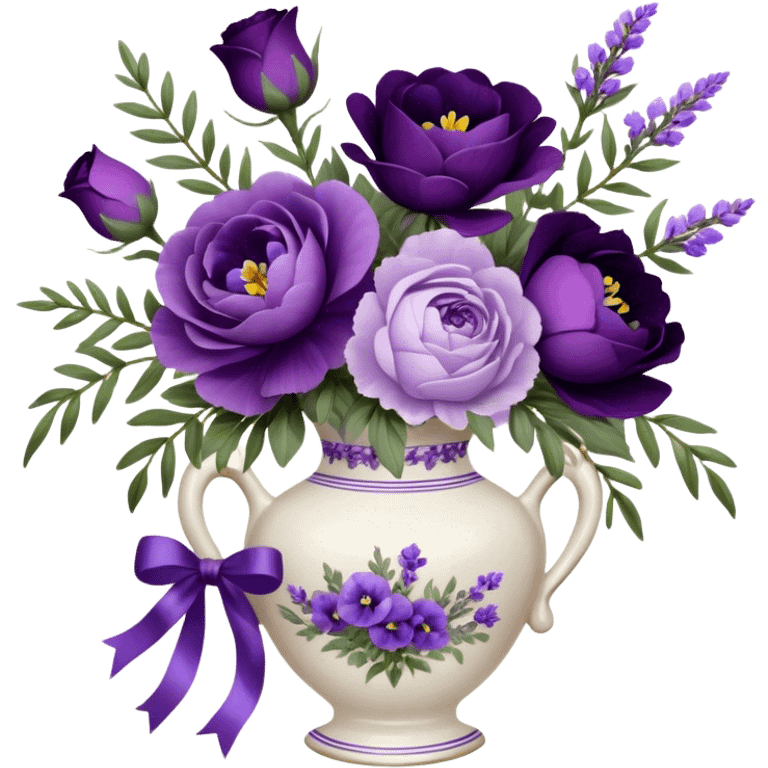 A dainty porcelain vase, hand-painted with delicate lavender pansies and deep purple roses, holds an elegant bouquet of amethyst-hued peonies, fragrant sprigs of wild lavender, and trailing silk ribbons, with a tiny heart-shaped charm dangling from its neck, swaying gently in the evening breeze.
 emoji