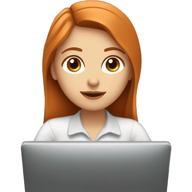 A woman with copper hair, white skin and hazel eyes is working on her computer in front of her and this person is an engineer. emoji