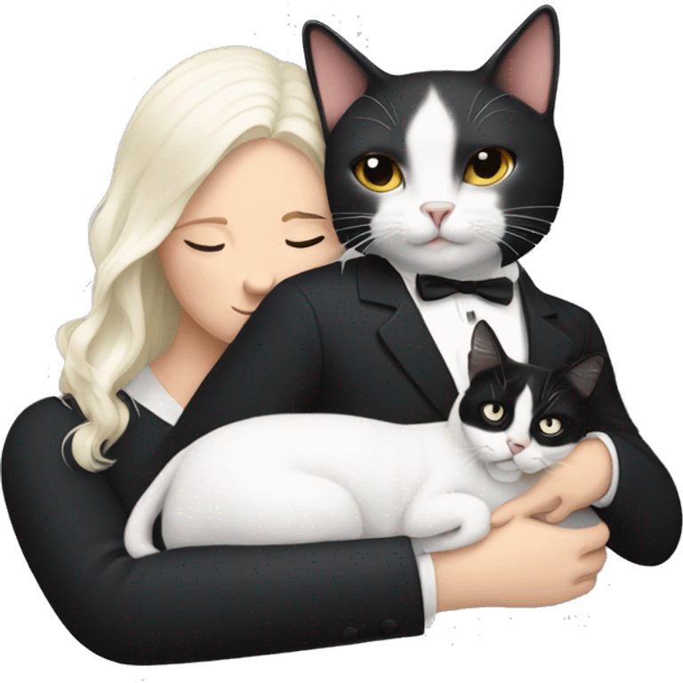 White lady snuggling with a tuxedo cat  emoji