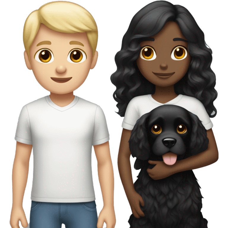 Black hair girl and Blond hair boy holding a black cocker spaniel emoji