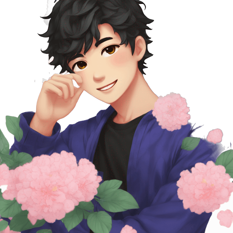 Gorgeous bright sparkly romantic Asian anime style guy with blushing face and flowers aesthetic trending style outside emoji